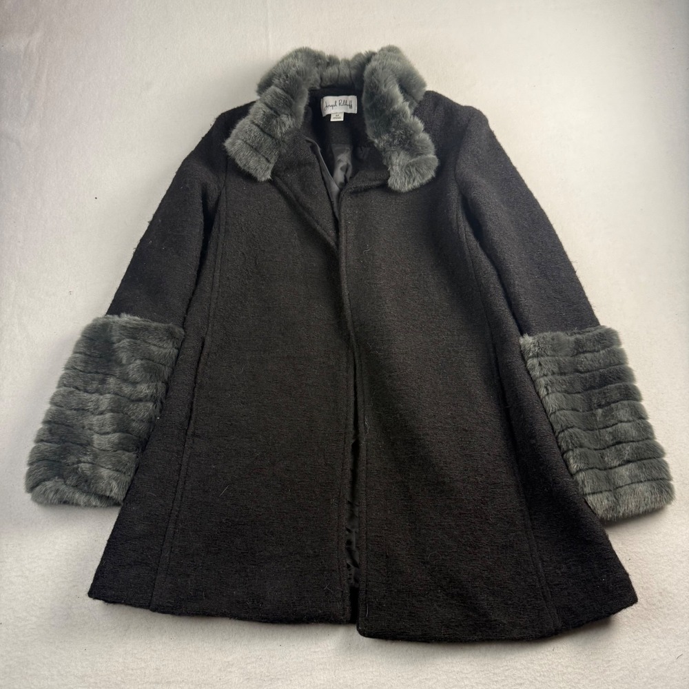Joseph Ribkoff Womens Faux Fur Trim Wool Blend Coat Black Made in Italy Size S